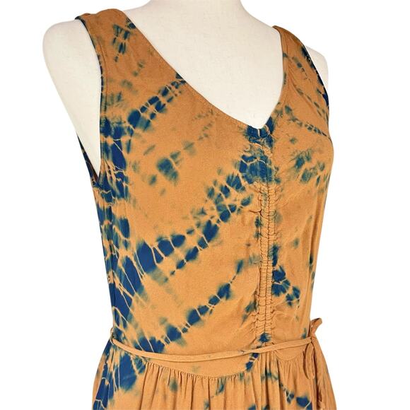 YOUNG FABULOUS & BROKE YFB Brown & Blue Tie-Dye Ruched Front Maxi Dress Size L - Picture 2 of 8
